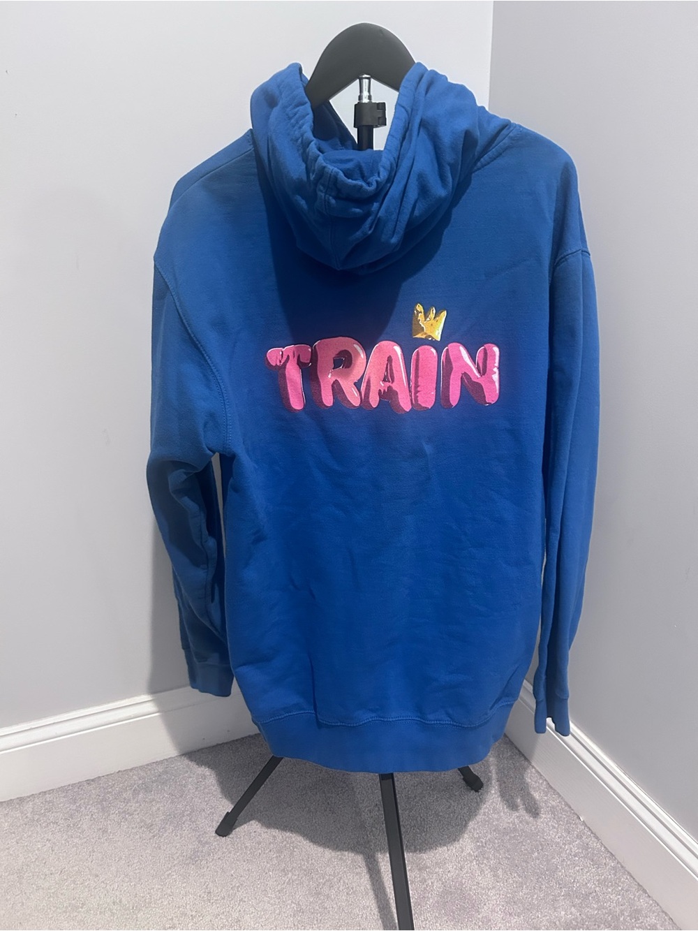 Blue Hoodie with 'TRAIN' Pink Graphic